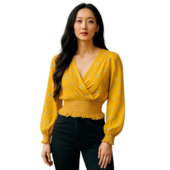 Blue Rain Womens Sz L Yellow Floral Long Sleeve Crop Top Blouse - Picture 1 of 11